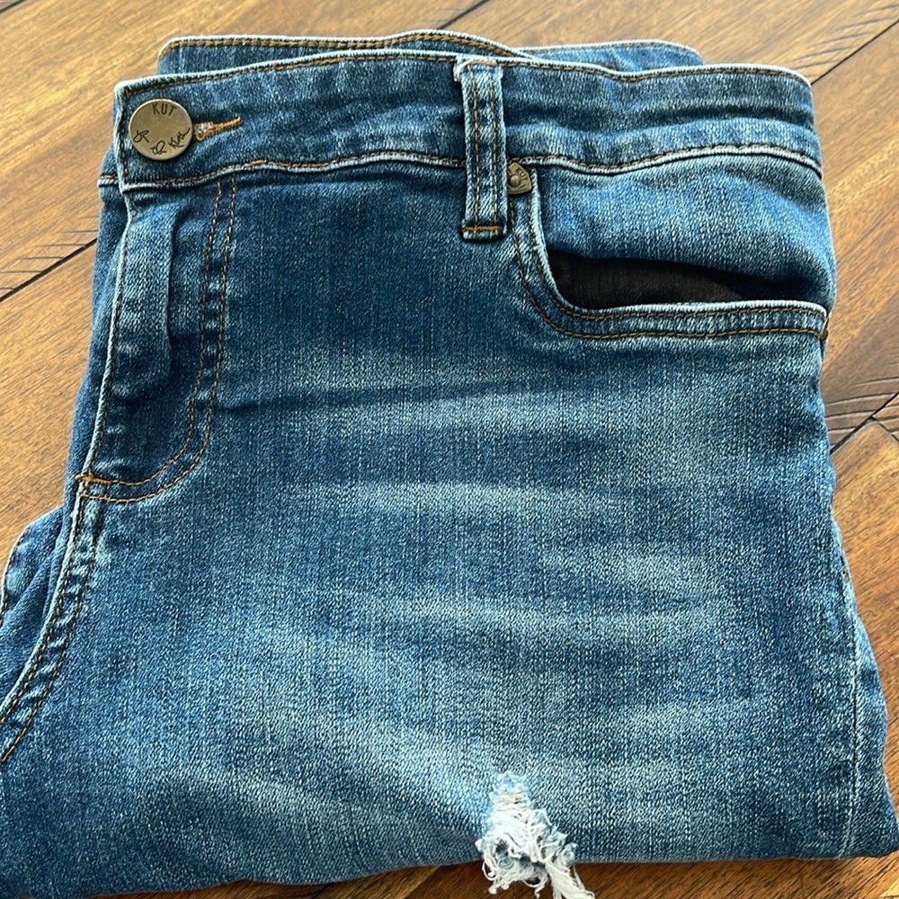 KUT blue denim jeans distressed torn straight leg high rise size 14 - Picture 14 of 14